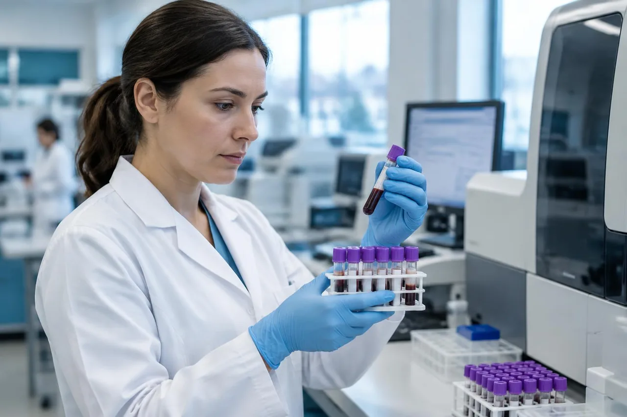 Profesional de laboratorio examinando tubos con muestras de sangre