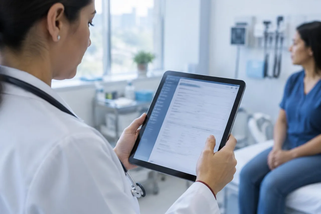 Profesional de salud revisando una orden de exámenes digital en una tableta