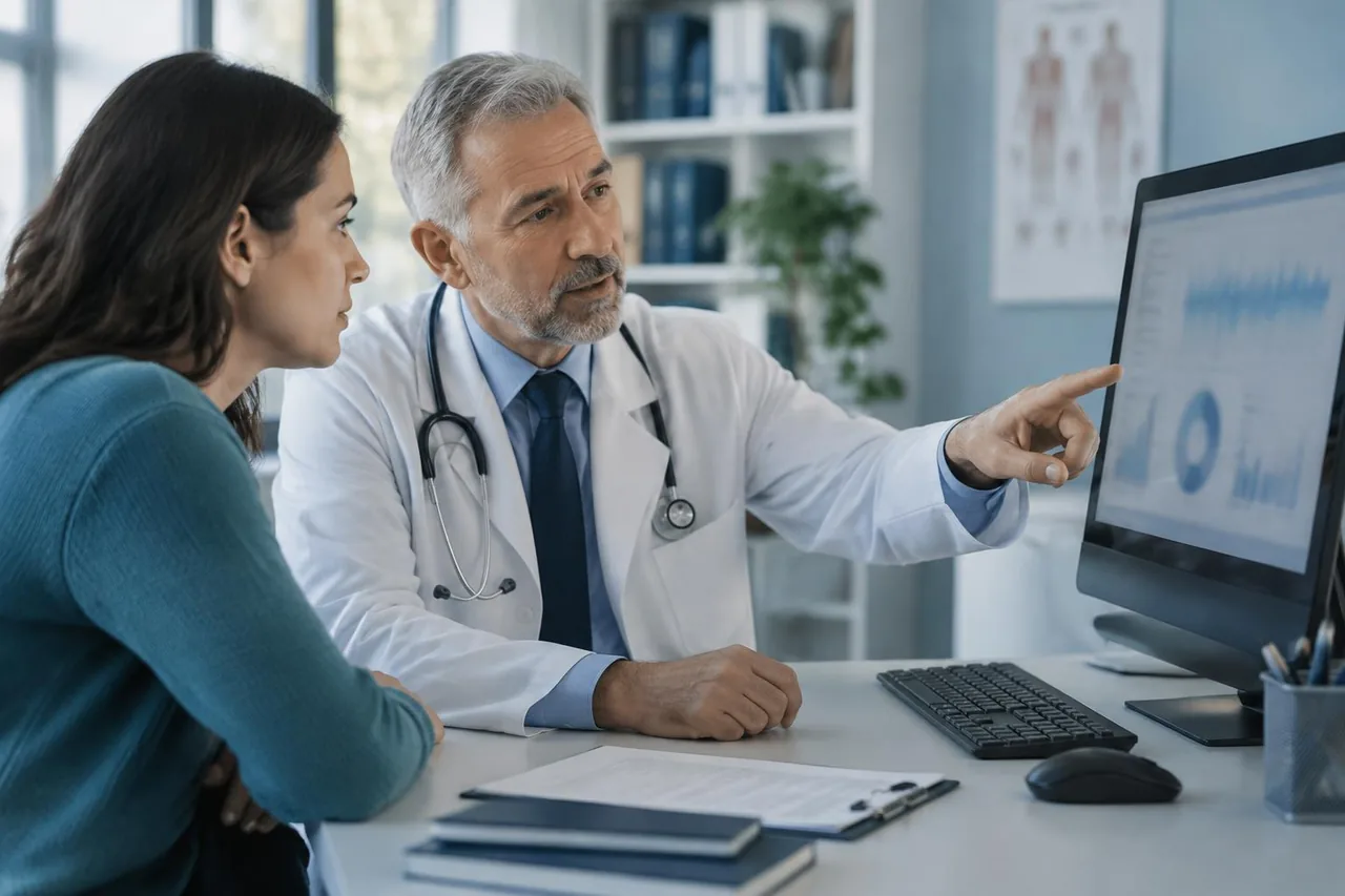 Profesional de salud explicando resultados de exámenes a una paciente