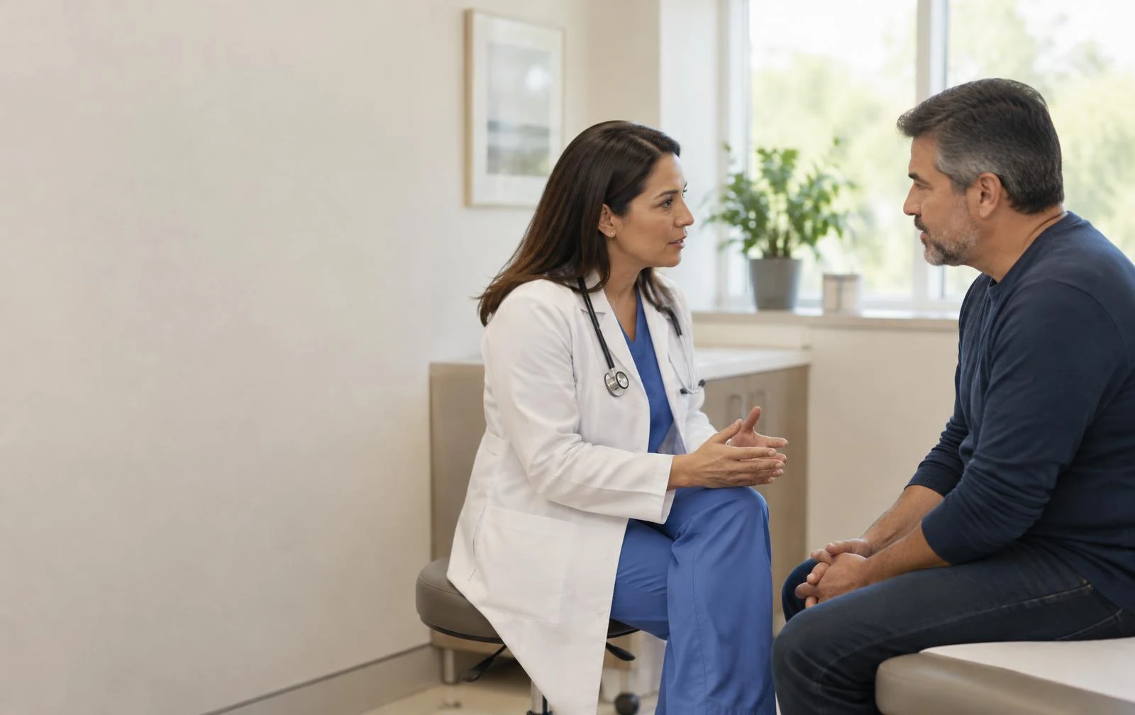 Profesional de salud orientando a una persona durante una consulta