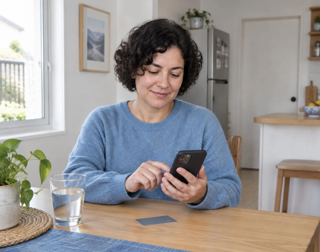 Una paciente completa la compra de su orden desde el celular en la mesa de su cocina.
