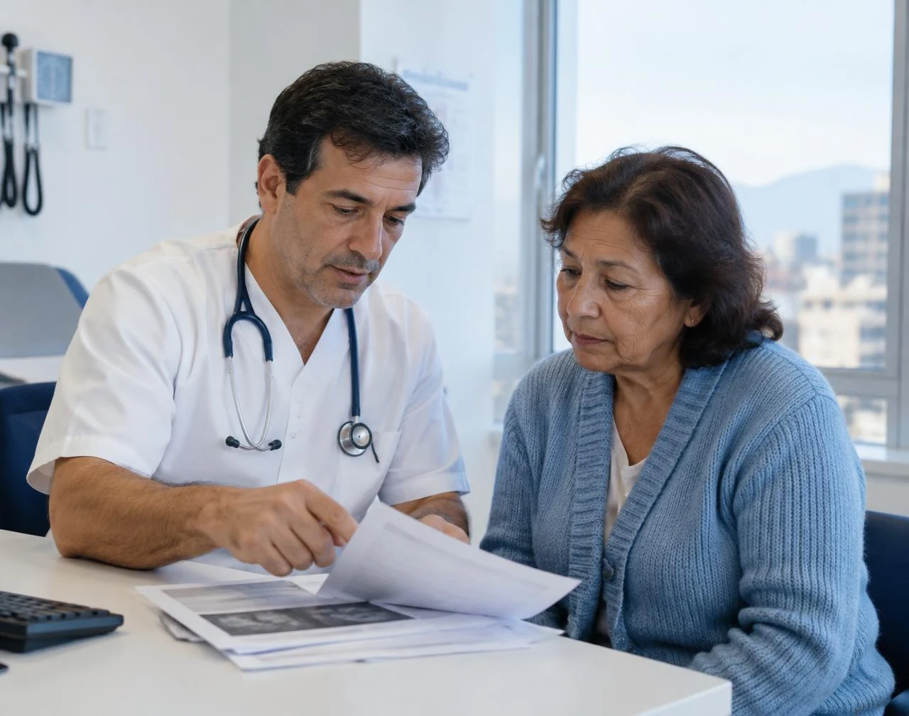 Profesional de salud explicando resultados de estudios a una paciente